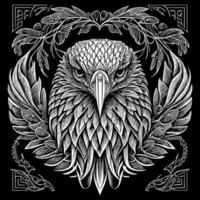 This illustration portrays the fierce and majestic head of an American eagle, with piercing eyes, sharp beak, and detailed feathers. A symbol of power and freedom vector