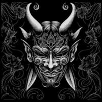 This Japan Hannya mask line art drawing depicts the haunting and captivating expression of the traditional Noh theater mask with intricate line work vector