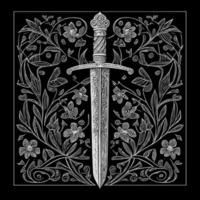 Elegant sword floral ornament line art drawing, featuring intricate details that blend the strength of a sword with the beauty of floral elements vector