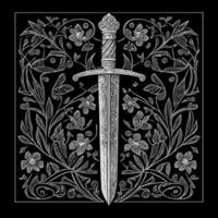 Elegant sword floral ornament line art drawing, featuring intricate details that blend the strength of a sword with the beauty of floral elements vector