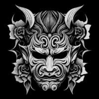 This Japan Hannya mask line art drawing depicts the haunting and captivating expression of the traditional Noh theater mask with intricate line work vector