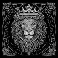 Stunning drawing portrays the majestic head of a lion adorned with a crown,symbolizing power and royalty. intricate details bring this regal creature to life, creating a truly captivating piece of art vector