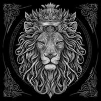 Stunning drawing portrays the majestic head of a lion adorned with a crown,symbolizing power and royalty. intricate details bring this regal creature to life, creating a truly captivating piece of art vector