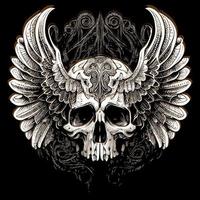This illustration depicts a skull head with intricately detailed feathers extending into wings. The juxtaposition of death and life creates a hauntingly beautiful image vector