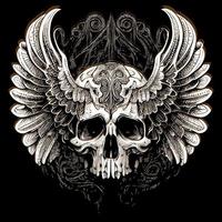 This illustration depicts a skull head with intricately detailed feathers extending into wings. The juxtaposition of death and life creates a hauntingly beautiful image vector