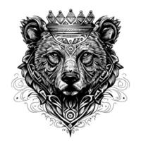 This design features a majestic bear head adorned with a crown, symbolizing strength, courage, and royalty. The intricate details and bold lines create a powerful image vector