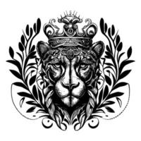 This design features the fierce and regal head of a panther wearing a crown. The intricate details and bold lines evoke strength and power vector