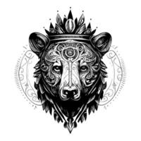 This design features a majestic bear head adorned with a crown, symbolizing strength, courage, and royalty. The intricate details and bold lines create a powerful image vector