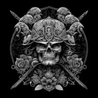 Japanese samurai skull illustration is a powerful and intimidating depiction of a warrior's head, adorned with traditional samurai armor and weapons vector