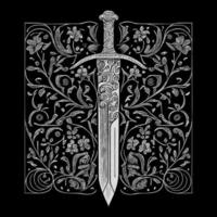 Elegant sword floral ornament line art drawing, featuring intricate details that blend the strength of a sword with the beauty of floral elements vector