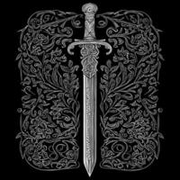 Elegant sword floral ornament line art drawing, featuring intricate details that blend the strength of a sword with the beauty of floral elements vector