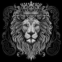 Stunning drawing portrays the majestic head of a lion adorned with a crown,symbolizing power and royalty. intricate details bring this regal creature to life, creating a truly captivating piece of art vector