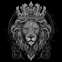 Stunning drawing portrays the majestic head of a lion adorned with a crown,symbolizing power and royalty. intricate details bring this regal creature to life, creating a truly captivating piece of art vector