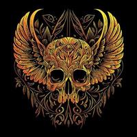 This illustration depicts a skull head with intricately detailed feathers extending into wings. The juxtaposition of death and life creates a hauntingly beautiful image vector