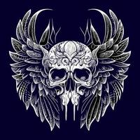 This illustration depicts a skull head with intricately detailed feathers extending into wings. The juxtaposition of death and life creates a hauntingly beautiful image vector
