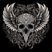 This illustration depicts a skull head with intricately detailed feathers extending into wings. The juxtaposition of death and life creates a hauntingly beautiful image vector