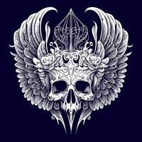 This illustration depicts a skull head with intricately detailed feathers extending into wings. The juxtaposition of death and life creates a hauntingly beautiful image vector