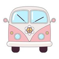 Hippie vintage pink car a mini van retro bus 1960s, 60s, 70s. Groovy Psychedelic cartoon element - funky illustration in hippie style. Flat vector illustration isolated on the white background.