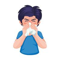 chico estornudos gripe y alergia síntoma personaje símbolo dibujos animados ilustración vector