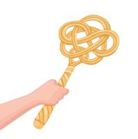 Hand holding traditional rattan mattress beater. unique tools symbol cartoon illustration vector