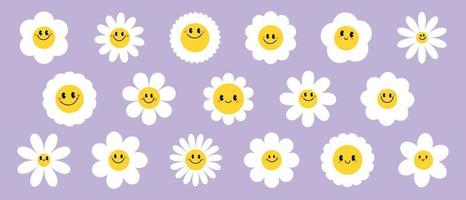 Groovy daisy flowers face collection. Retro chamomile smiles in cartoon style. Happy stickers set from 70s. Vector graphic illustration