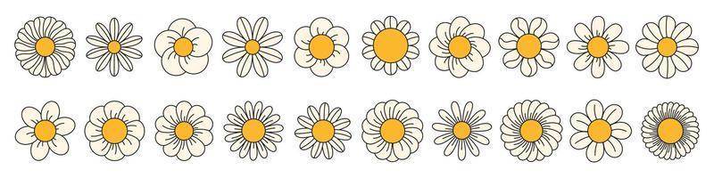 Groovy daisy flowers face collection. Retro chamomile in cartoon style. Happy stickers set from 70s. Vector graphic illustration
