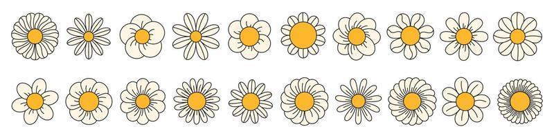 Groovy daisy flowers face collection. Retro chamomile in cartoon style. Happy stickers set from 70s. Vector graphic illustration