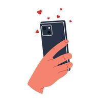 Phone in hand. Scrolling, information search, social networks. Flat vector illustration