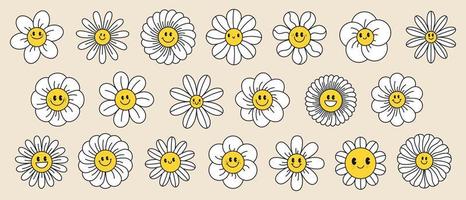 Groovy daisy flowers face collection. Retro chamomile smiles in cartoon style. Happy stickers set from 70s. Vector graphic illustration