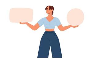 Woman making decision. Person doubting,choosing between two alternatives, solving problems. Dilemma concept. Flat vector illustration