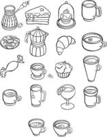 Set of various cups with tea or coffee, coffee pots, teapots.   vector line