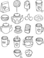 Set of various cups with tea or coffee, coffee pots, teapots.   vector line