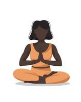Faceless black woman sitting in lotus yoga asana pose. Mental health, emotions control and personal harmony concept. Time for yourself. Vector flat illustration, cartoon style.