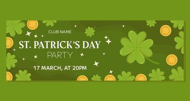 St.Patricks Day holiday horizontal party banner template design. Green four-leaf clover or shamrock and gold coins. Event invitation for club and pub vector