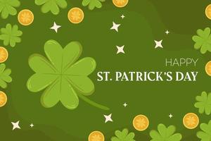 St.Patricks Day holiday background design with green four-leaf clover or shamrock and gold coins. Concept for backdrop vector