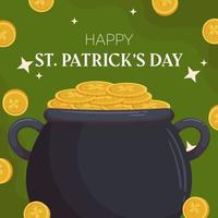 St.Patricks Day holiday square template design with leprechaun cauldron and golden coins with shamrock. Concept for square social media post with gold on the back. vector