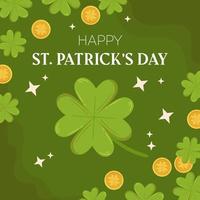 St.Patricks Day holiday square template design with green four-leaf clover or shamrock and gold coins. Concept for square social media post. vector