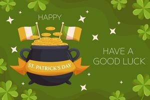 St.Patricks Day holiday background design with leprechaun pot ang gold coins, irish flags and ribbon. Concept for backdrop vector