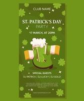 St.Patricks Day holiday vertical party banner template design. Green leprechaun boot, Irish flag and glass with green beer. Event invitation for club and pub vector