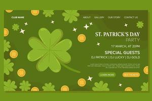 St.Patricks Day holiday Landing page template event design. Green four-leaf clover or shamrock and gold coins. Web page with party invitation for club and pub vector