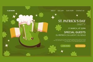 St.Patricks Day holiday Landing page template event design. Green leprechaun boot, Irish flag and glass with green beer. Web page with party invitation for club and pub vector