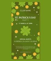 St.Patricks Day holiday vertical party banner template design. Green four-leaf clover or shamrock and gold coins. Event invitation for club and pub vector