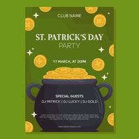 St.Patricks Day holiday Party poster template design. Leprechaun cauldron and golden coins with shamrock. Event invitation for club and pub vector