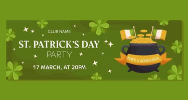 St.Patricks Day holiday horizontal party banner template design. Leprechaun pot ang gold coins, irish flags and ribbon. Event invitation for club and pub vector