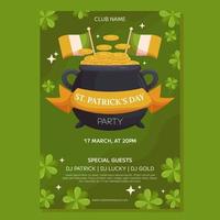 St.Patricks Day holiday Party poster template design. Leprechaun pot ang gold coins, irish flags and ribbon. Event invitation for club and pub