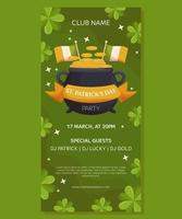 St.Patricks Day holiday vertical party banner template design. Leprechaun pot ang gold coins, irish flags and ribbon. Event invitation for club and pub vector