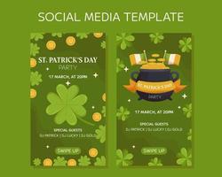 St.Patricks Day holiday vertical social media stories template design. Green four-leaf clover or shamrock, cauldron or pot with gold coins, and Irish flag. Party invitation for club and pub vector