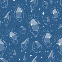 Crystal gems outline pattern. Magic shiny crystal concept. Modern vector illustration. Transparent line art gems with leaves and stars. Minimalistic design for web.