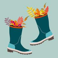 Autumn leaves in wellies composition. Trendy vector rain boots and leaves. Modern illustration design for web and print. Autumn holiday atmosphere concept. Beautiful pair of kid wellies.