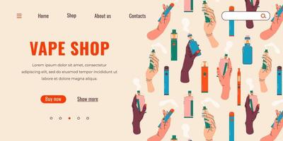 Vape shop colorful web page. Electronic cigarettes and vape. Modern vector illustration. Alternative smoking device. Flat vector design for web.